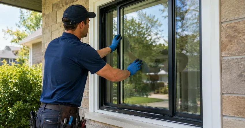 technician measuring a broken window pane for replacement in Thompsonville, New Tecumseth