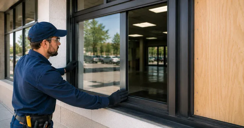 technician boarding a broken window after a break-in in Rich Hill, New Tecumseth