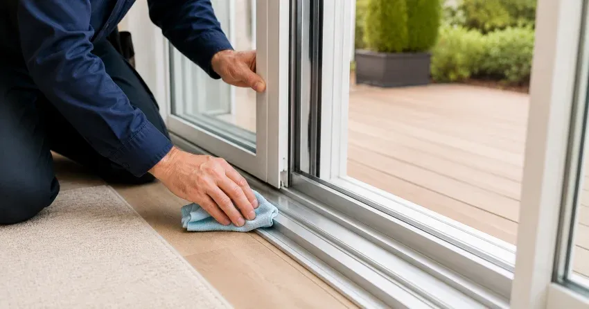 technician inspecting a sliding patio door track in Penville, New Tecumseth