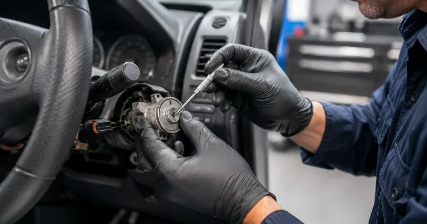 technician diagnosing an ignition lock repair issue in Rich Hill, New Tecumseth