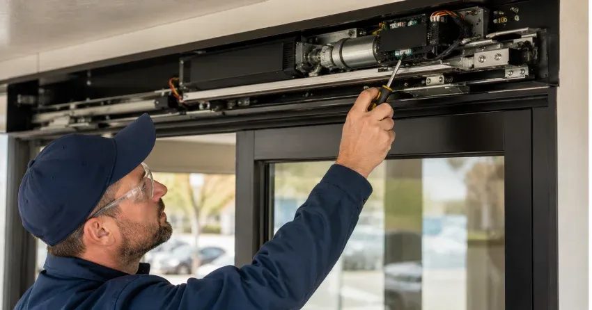 technician completing automatic door repair on residential property in Randall, New Tecumseth