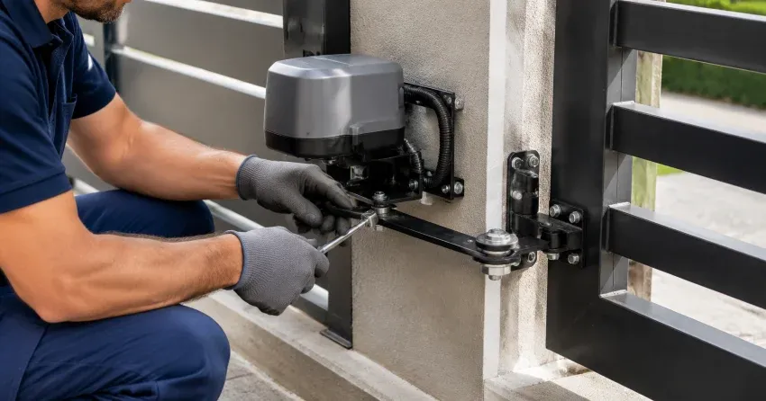 technician diagnosing automatic gate motor and control panel in New Tecumseth