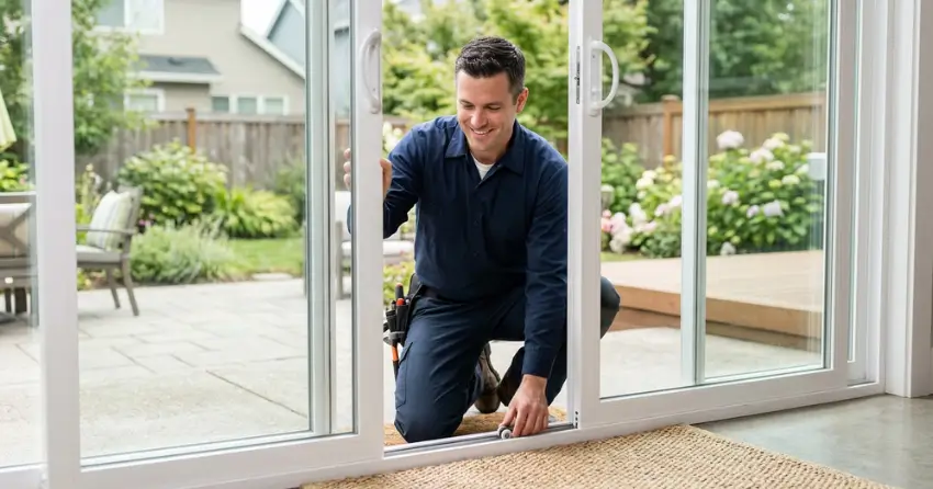 technician diagnosing a sticking patio door in Randall, New Tecumseth