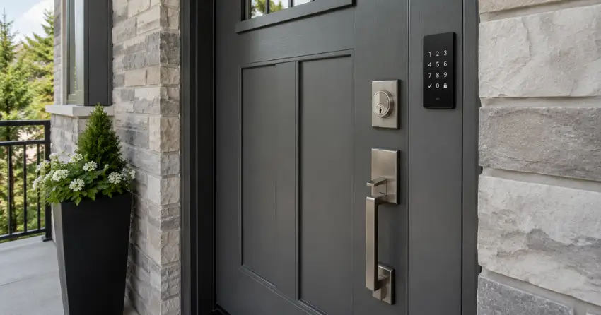 High-security door hardware and access control keypad installed on a residential entry door in New Tecumseth