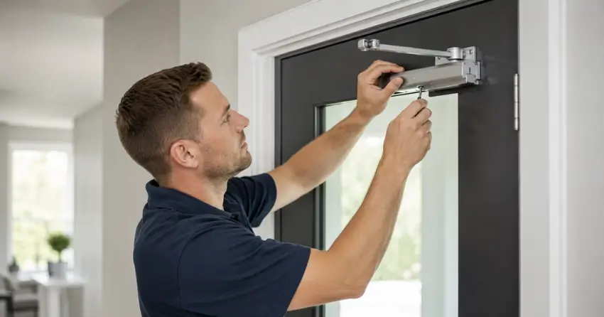 technician adjusting door closer hydraulic valve in Rich Hill, New Tecumseth home