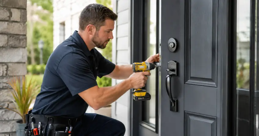 locksmith installing deadbolt lock on exterior door in New Tecumseth