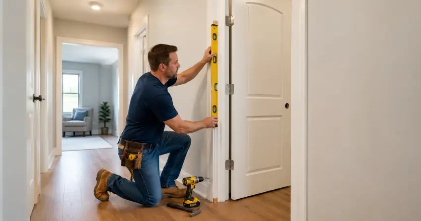 technician installing a pre-hung interior door in a home hallway Rich Hill, New Tecumseth