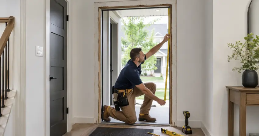 technician measuring a door frame before new door installation in Randall, New Tecumseth