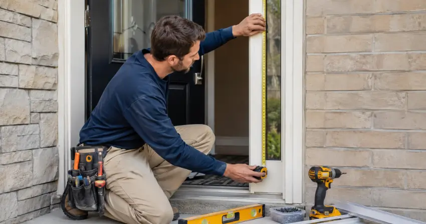 technician measuring door frame before storm door install in Beeton, New Tecumseth