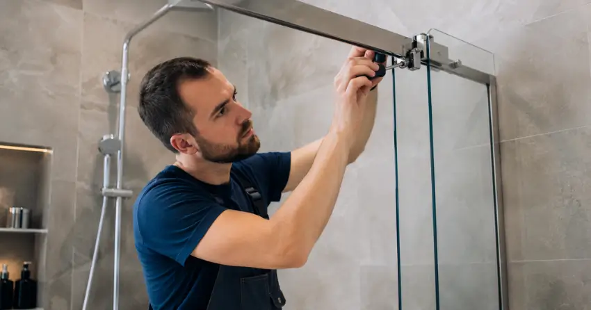 technician adjusting shower door hinge and track in Rich Hill, New Tecumseth