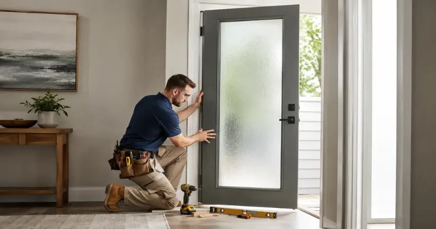 glass panel door installation with frosted privacy glass in residential setting in Penville, New Tecumseth