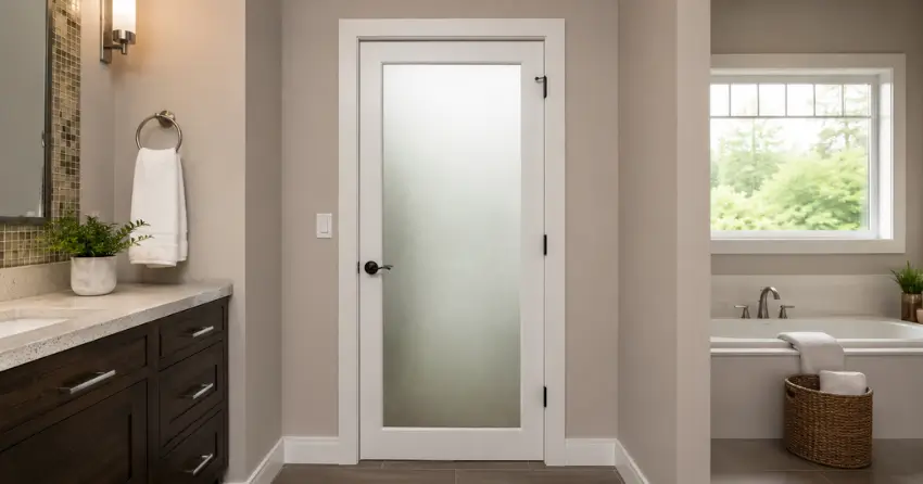 frosted glass panel bathroom door installed in a New Tecumseth home