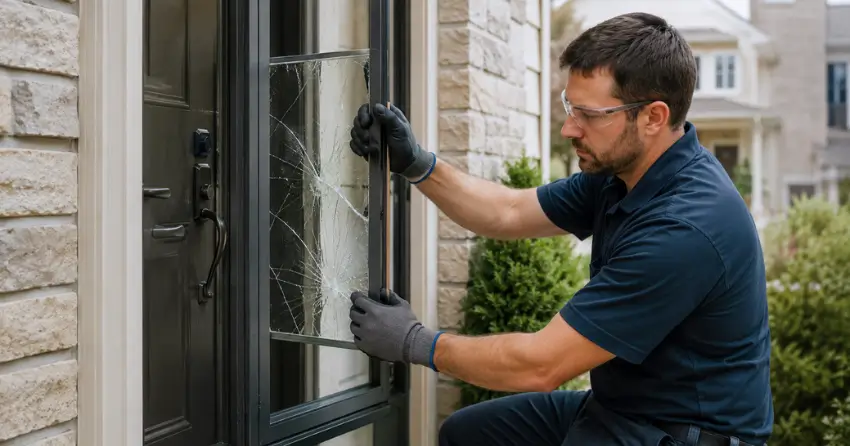 technician removing cracked storm door glass panel in Rich Hill, New Tecumseth