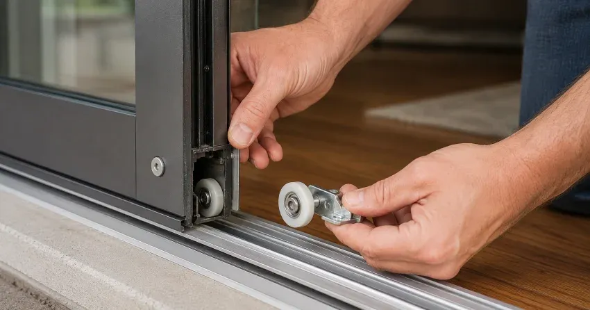 sliding door alignment Randall, New Tecumseth technician adjusting roller track