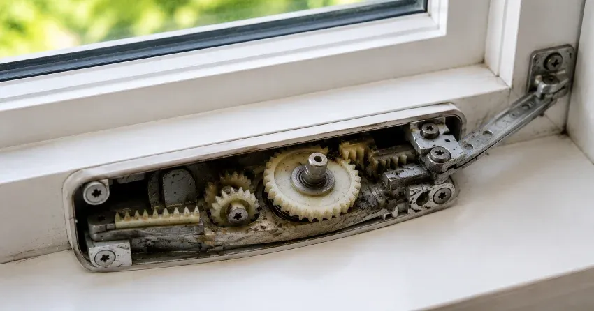 technician replacing casement window crank operator in Randall, New Tecumseth home