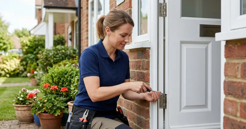 technician repairing exterior door hinge and frame in Rich Hill, New Tecumseth