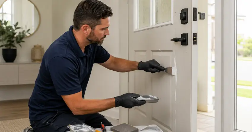 technician repairing fiberglass door surface crack in Rich Hill, New Tecumseth