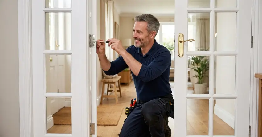 technician adjusting French door hinge for proper alignment in New Tecumseth