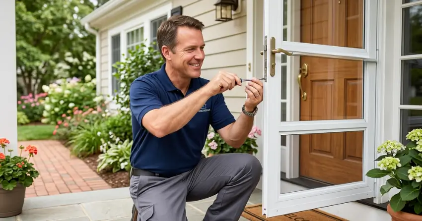 technician adjusting storm door hinge and closer in Thompsonville, New Tecumseth