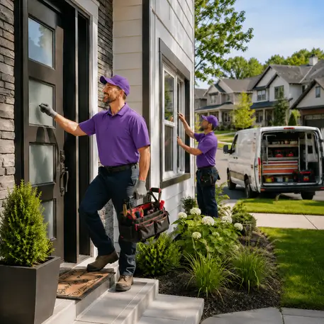 Service vans and technicians on residential door and window jobs across the coverage area